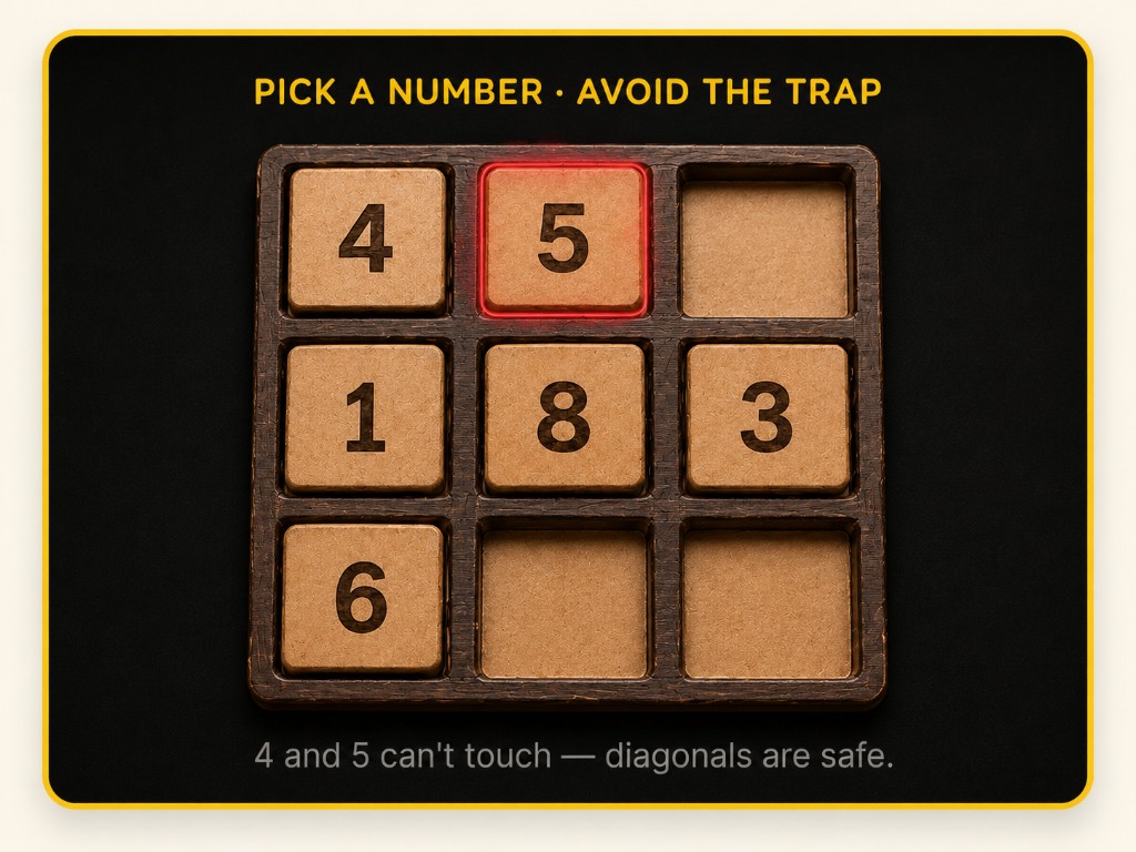 NumberDash board with 3 by 3 grid — pick a number, avoid the trap