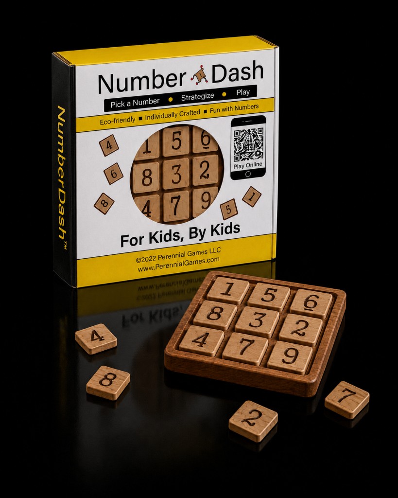 NumberDash game box with wooden number tiles and tray on a reflective black surface