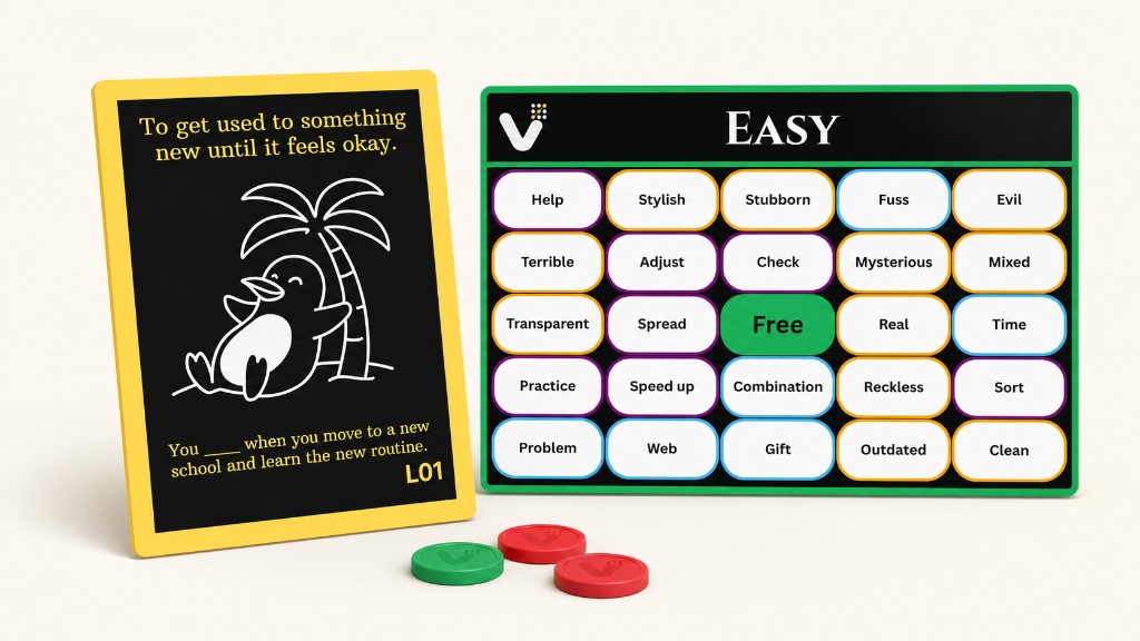 Vocingo clue card, EASY game board, and player tokens