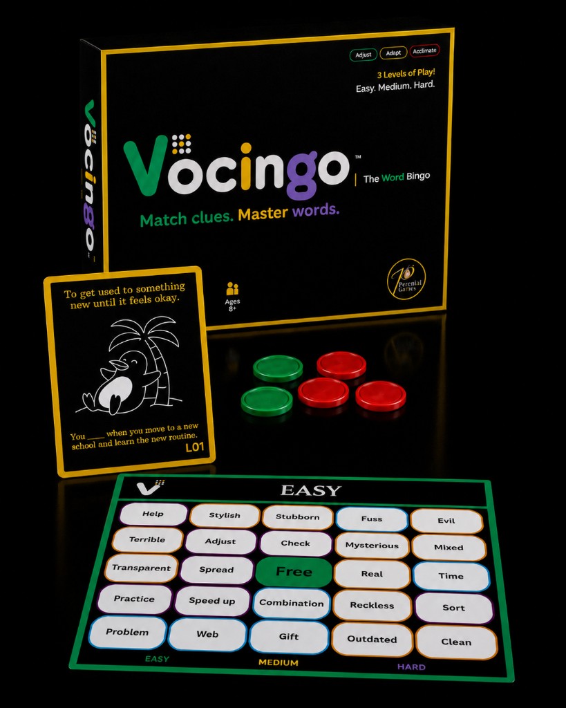 Vocingo game box with clue cards, bingo board, and tokens